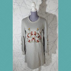 Solitaire Gray Floral Embroidered Crewneck Shift Dress